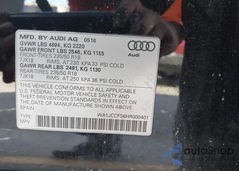 2017 Audi Q3 2.0T Premium z USA, uszkodzony, nr VIN WA1JCCFS6HR000401